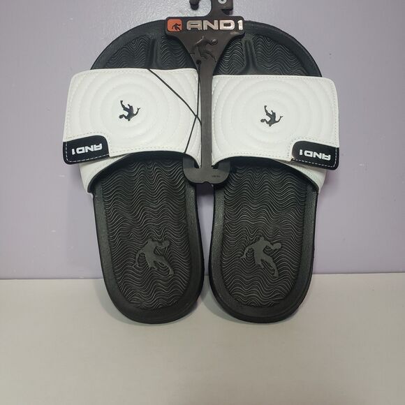 AND1  NWT White Black Men's Unisex Slides Slip On Sandals Sz 8 - Picture 2 of 7
